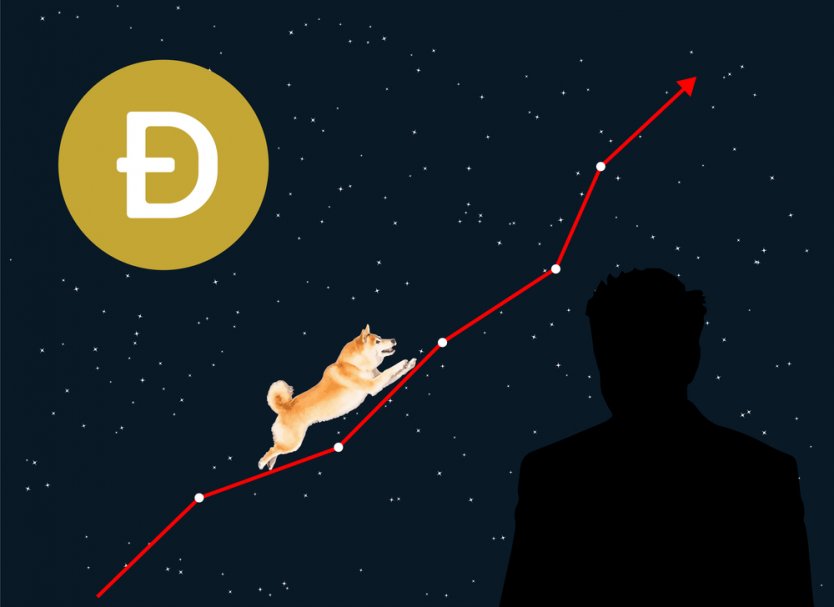 Dogecoin logo with graph indicating the coin's growth using a dog